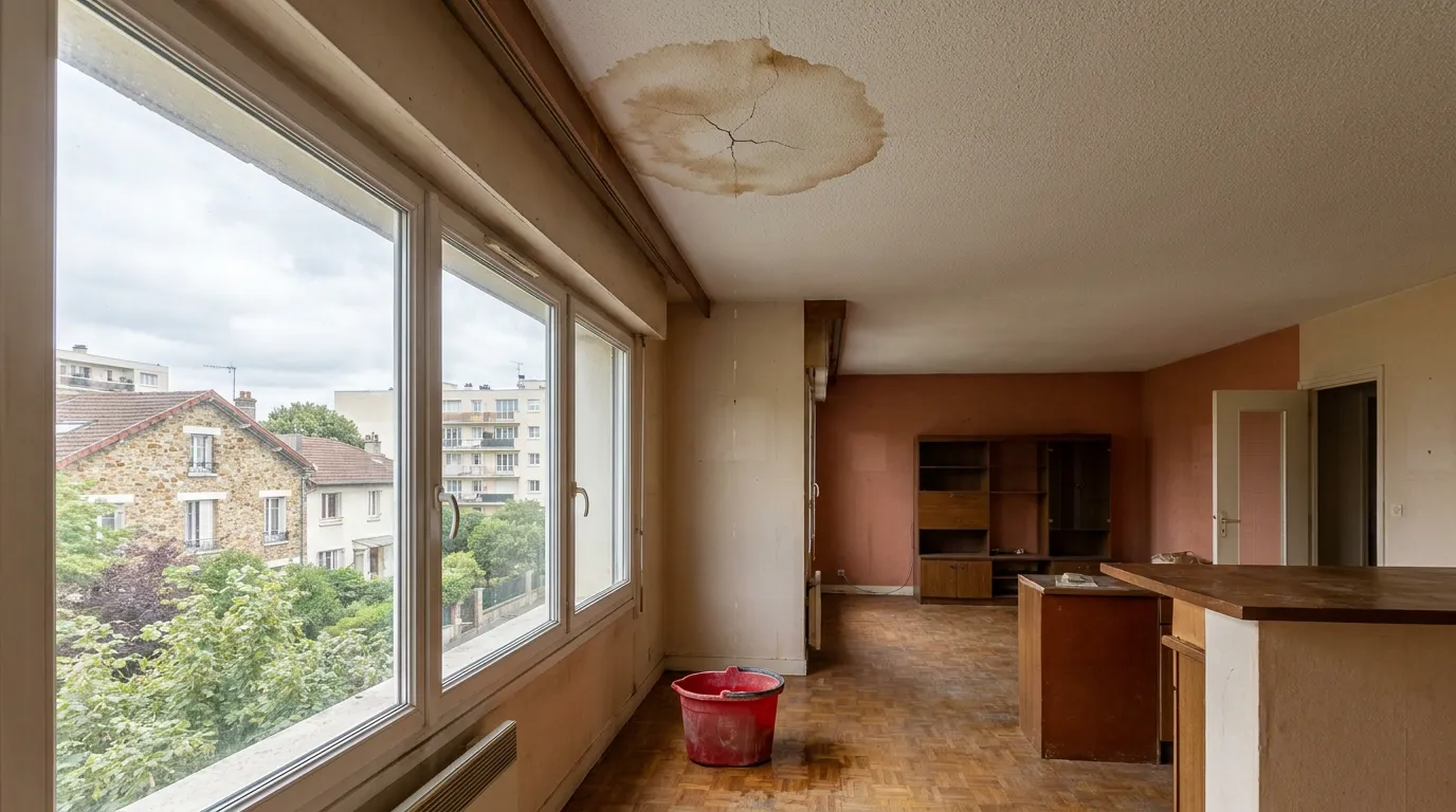Tache d'eau brune au plafond d'un appartement, dégât des eaux en copropriété