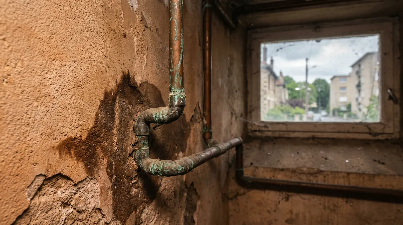 Vieille canalisation en plomb corrodée dans la cave d'un pavillon meulière
