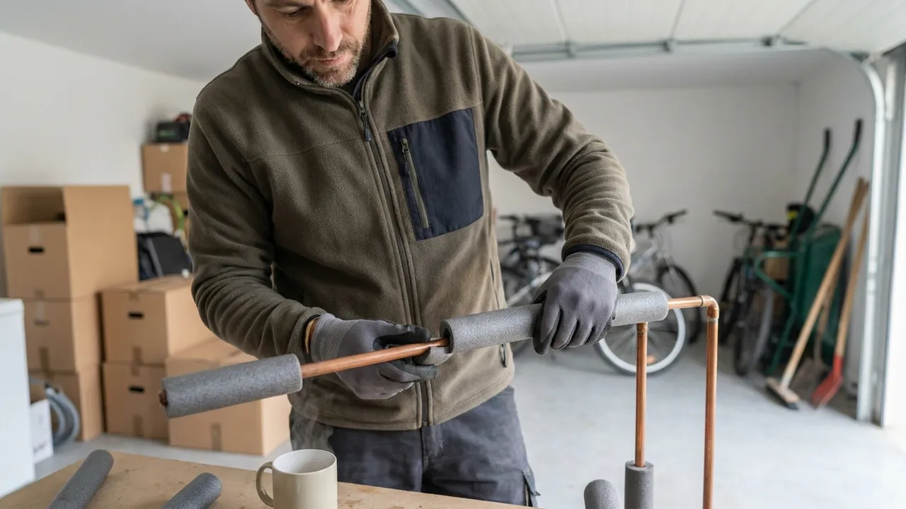 Canalisation d'eau isolée avec des manchons en mousse dans le garage d'un pavillon d'Antony