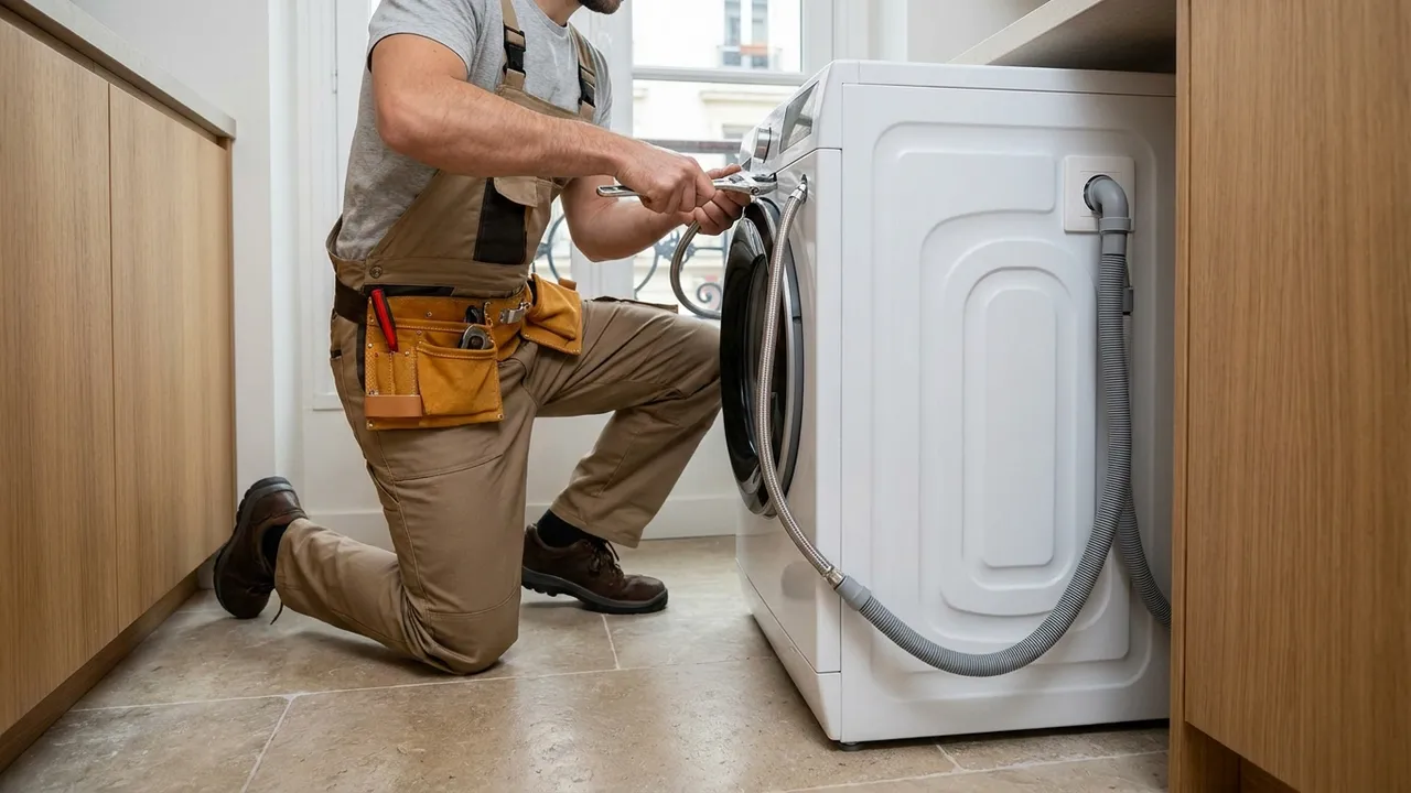 Raccordement de l'arrivée d'eau et de l'évacuation d'un lave-linge dans une buanderie à Antony