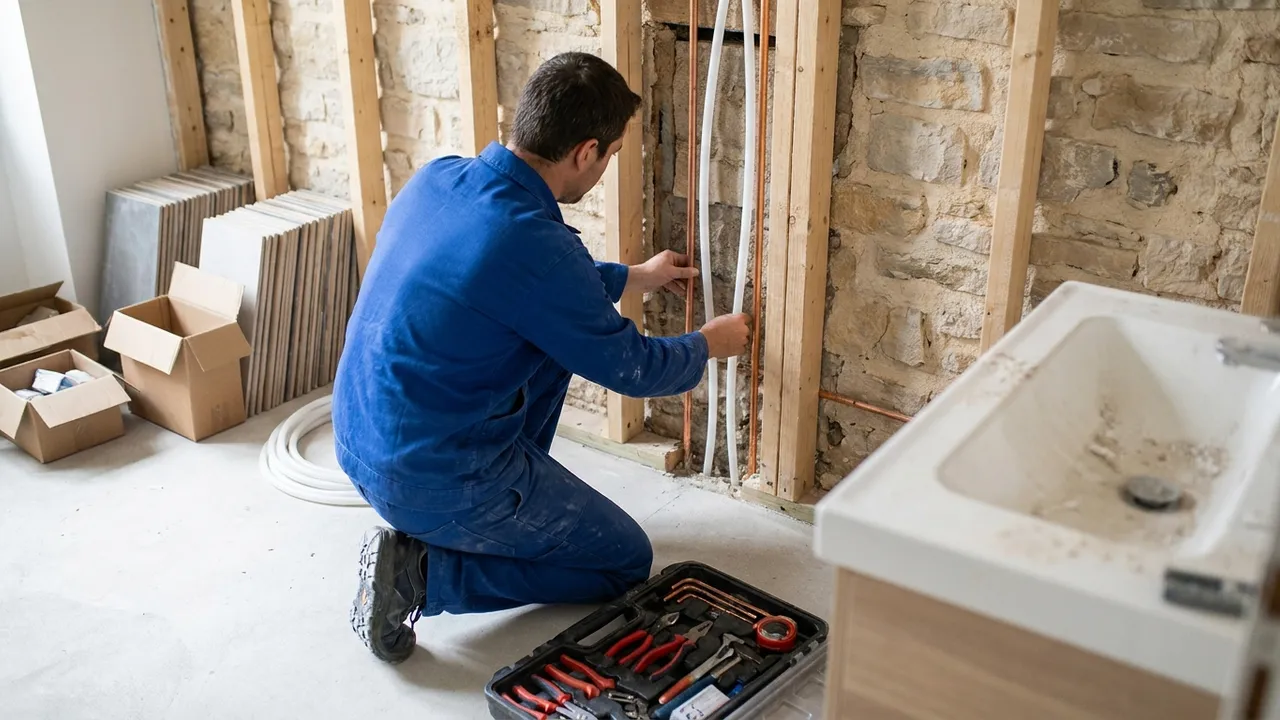 Tuyauterie cuivre et PER neuve posée dans une salle de bain en rénovation à Antony